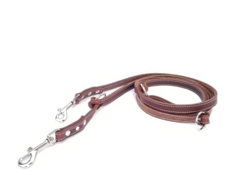 Brown greased leather leash with light stitching, adjustable, 1.5 cm wide, 2 m long, 3 adjustment options.