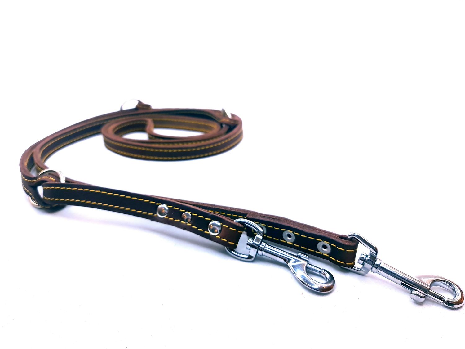 Greased leather leash - brown with yellow stitching, adjustable.