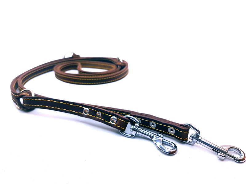 Greased leather leash - brown with yellow stitching, adjustable.