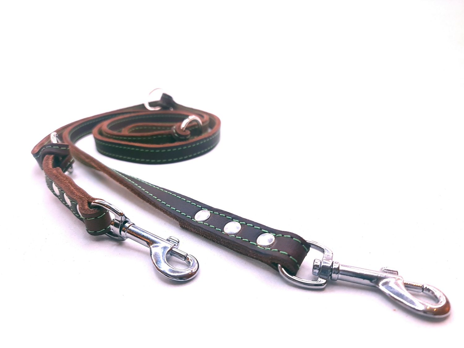 Fat leather leash - brown with green stitching, adjustable.