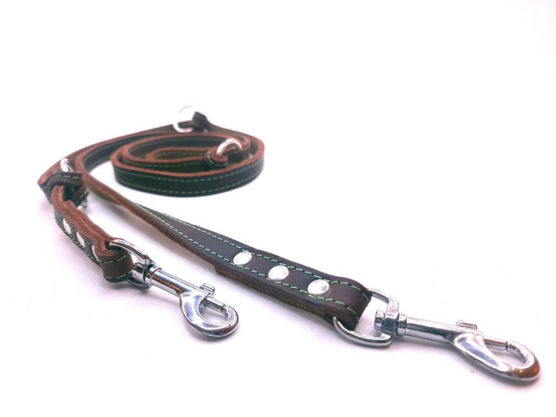 Fat leather leash - brown with green stitching, adjustable.