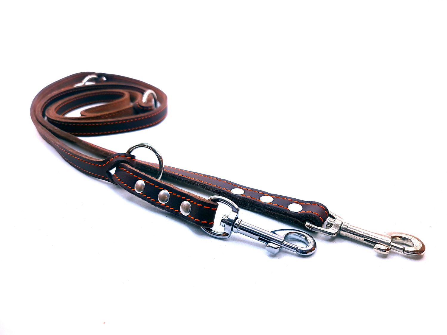 Greased leather leash - brown with orange stitching, adjustable.