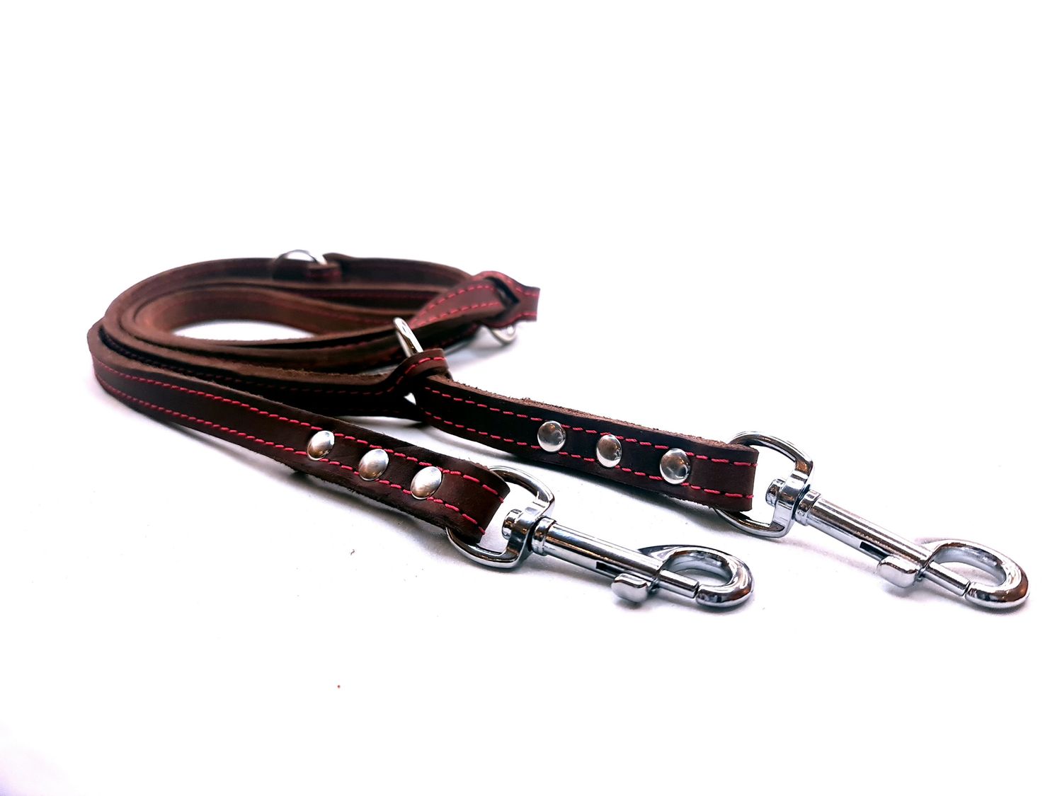 Greased leather leash - brown with pink stitching, adjustable.