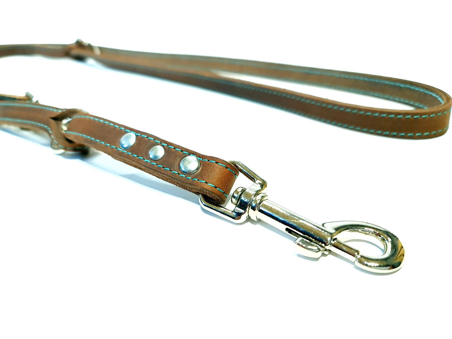 Fat leather leash - brown with turquoise stitching, adjustable.