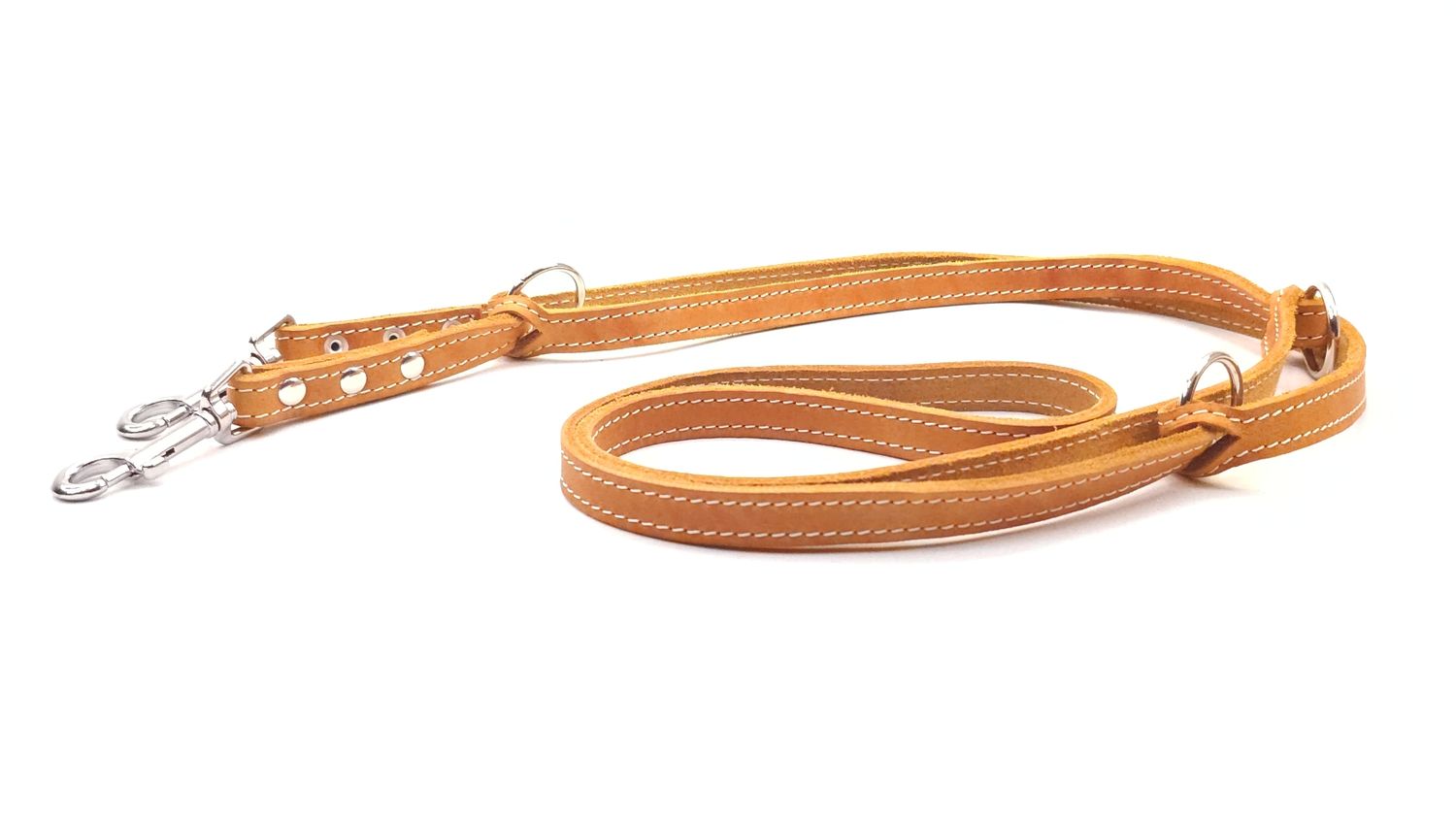 Fat leather leash - cognac with cream stitching, adjustable.