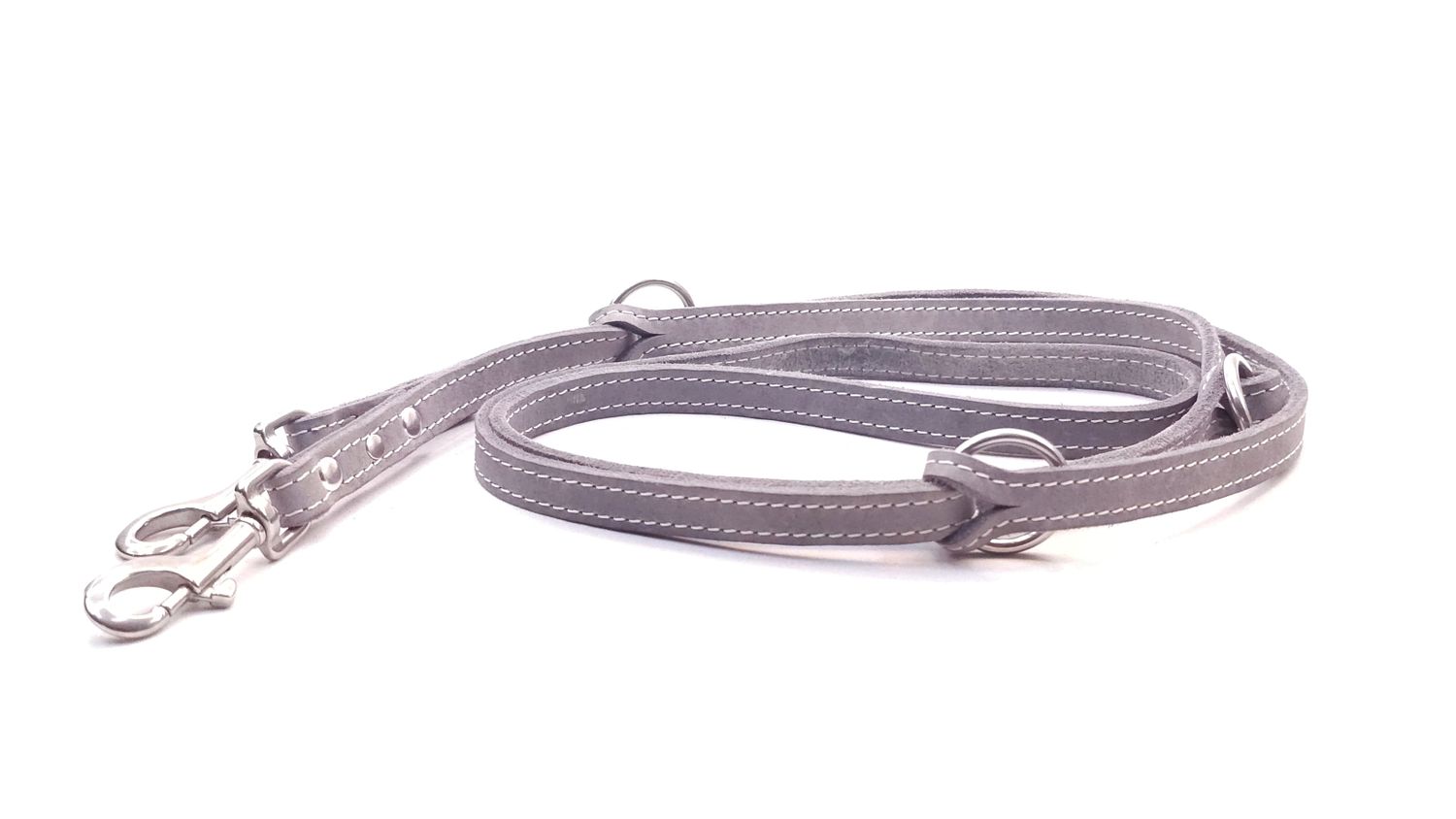 Leash fat leather - grey with cream stitching, adjustable