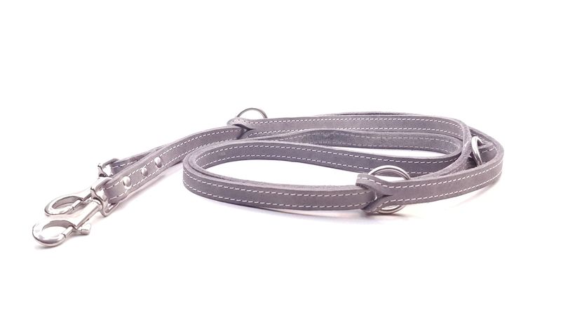 Leash fat leather - grey with cream stitching, adjustable