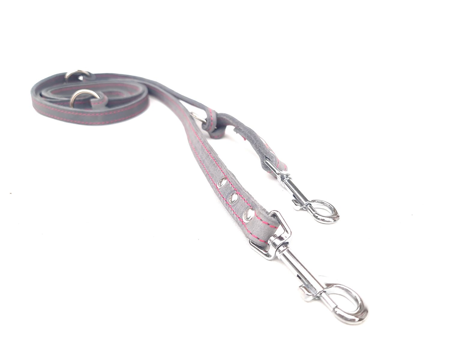 Fat leather leash - gray with pink stitching, adjustable.