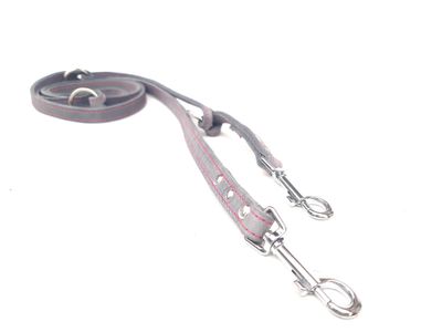 Fat leather leash - gray with pink stitching, adjustable.
