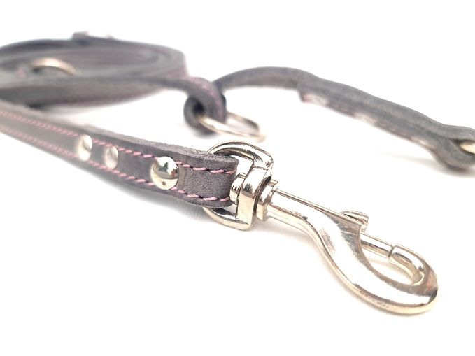 Leash fat leather - grey with rosé stitching, adjustable