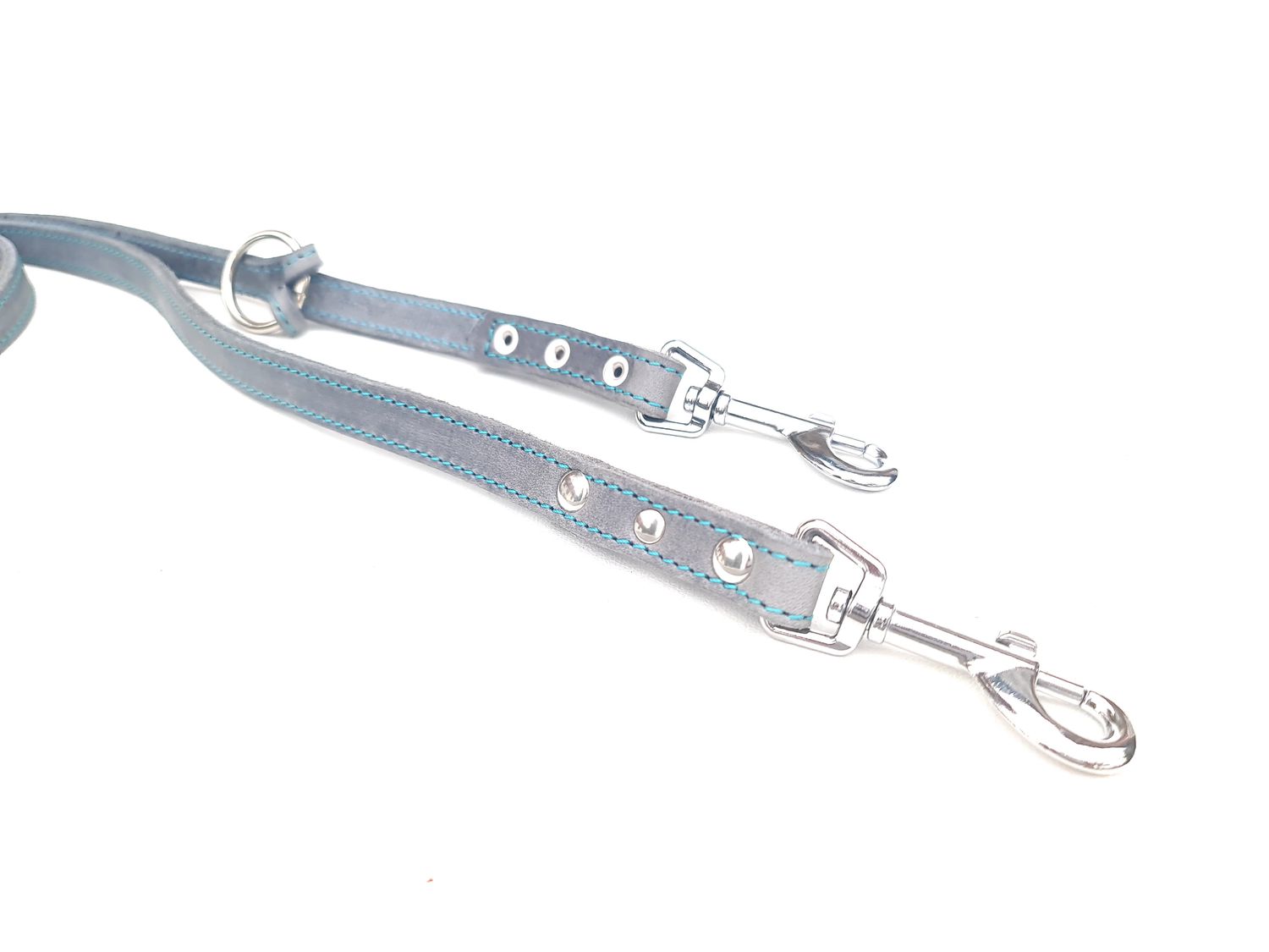 Leash oiled leather grey with turquoise stitching adjustable