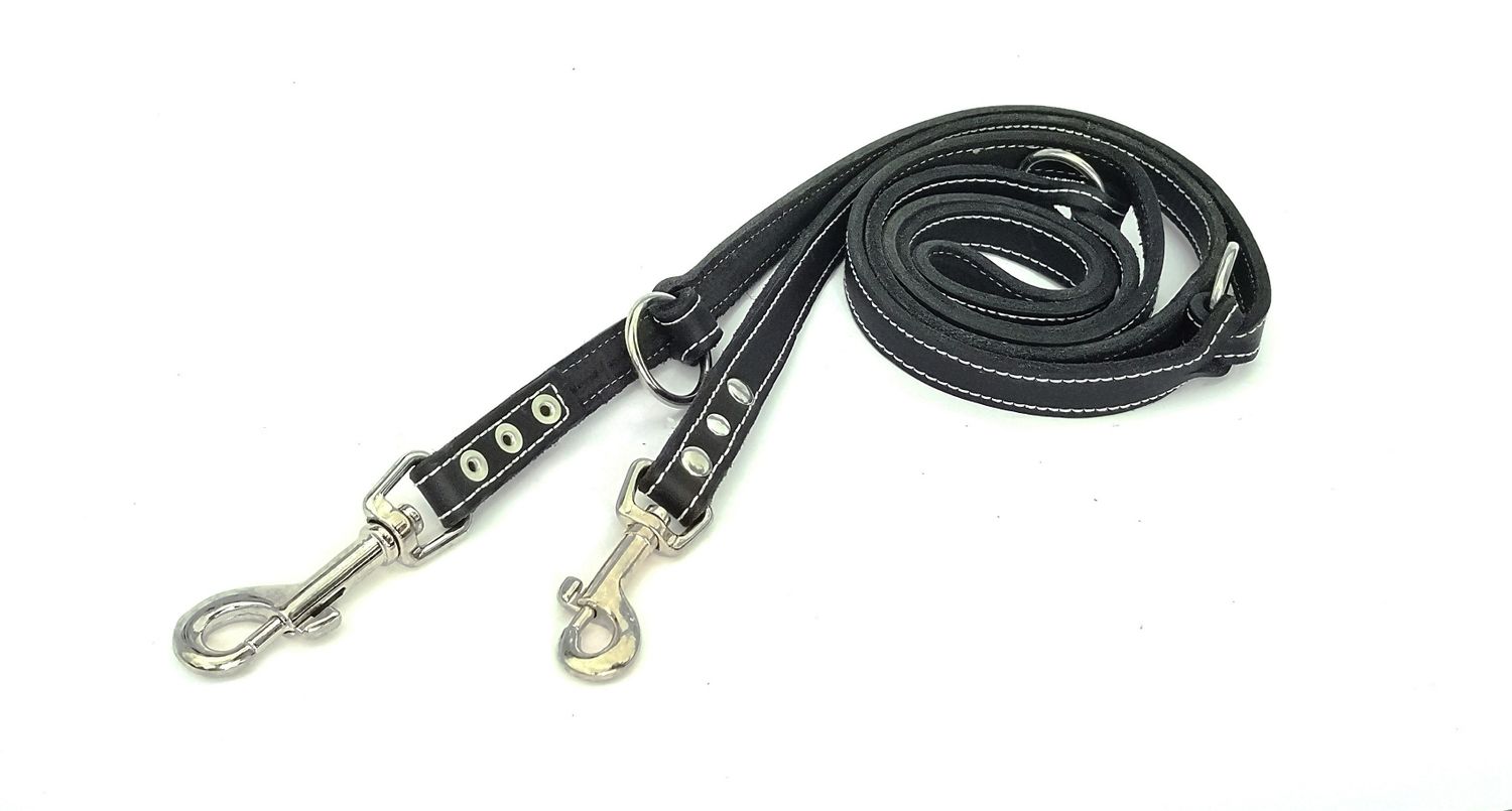 Leash oiled leather black with cream stitching adjustable