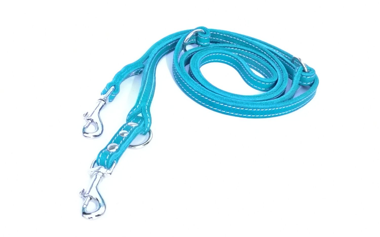 Leash oiled leather turquoise with cream stitching adjustable