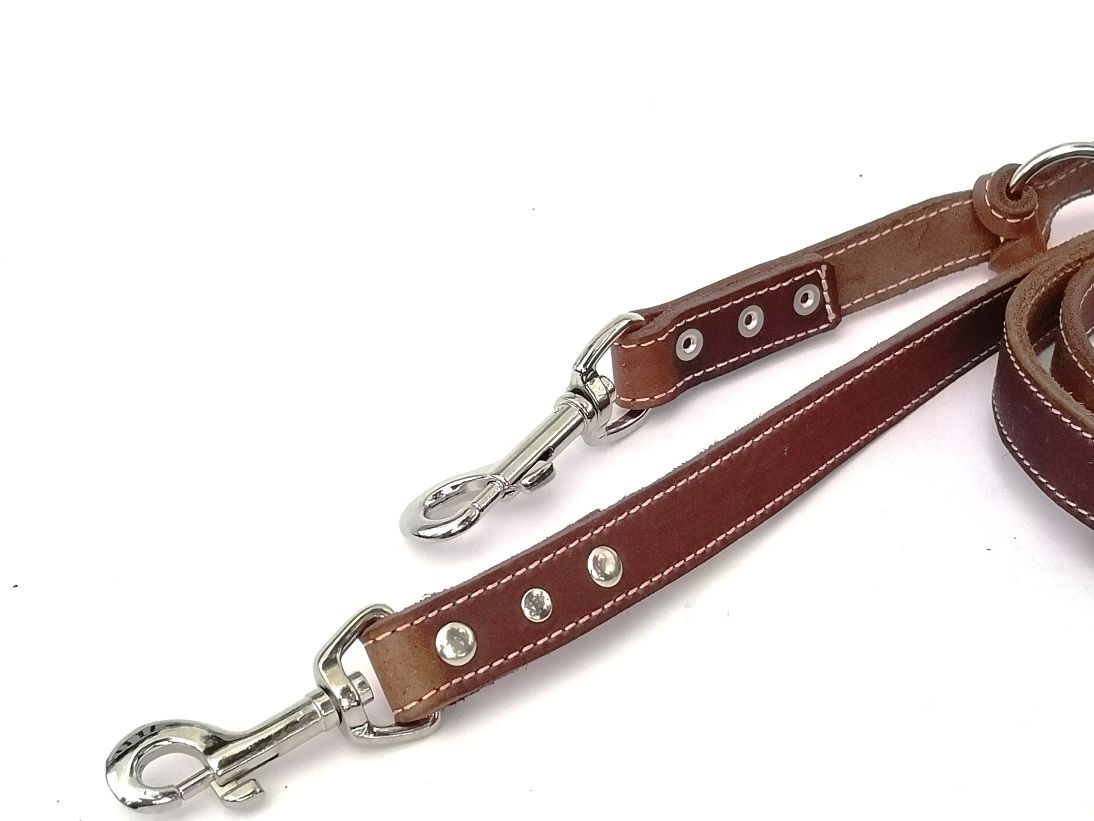 Leash large dog brown oiled leather leash with light stitching adjustable