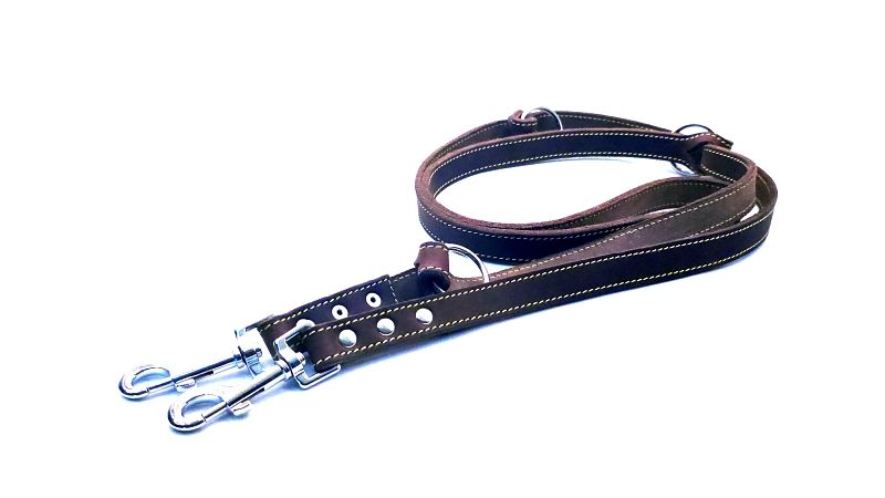 Leash large dog brown oiled leather leash with yellow stitching adjustable