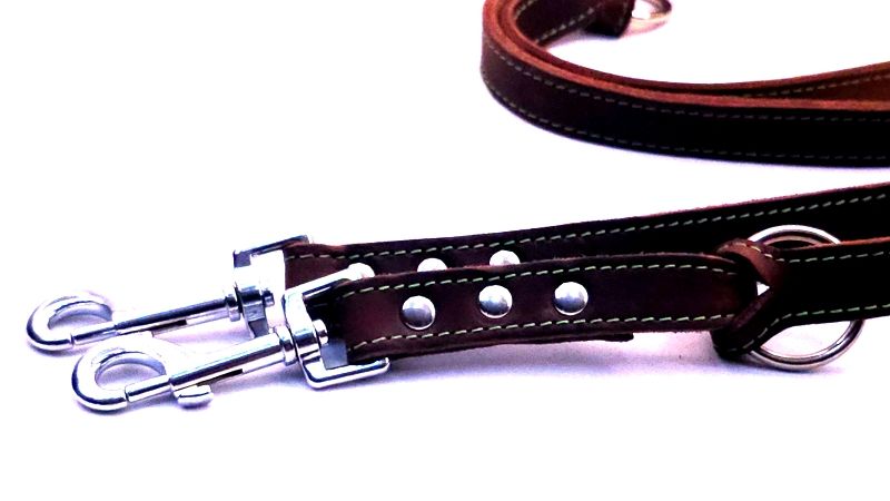 Leash large dog brown oiled leather leash with green stitching adjustable