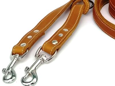 Leash large dog cognac oiled leather with cream stitching adjustable