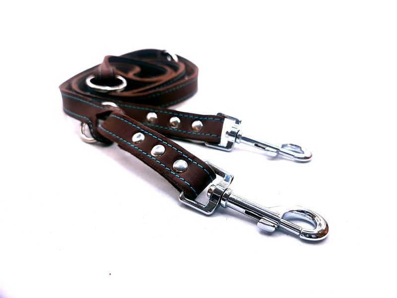 Leash large dog brown oiled leather leash with turquoise stitching adjustable