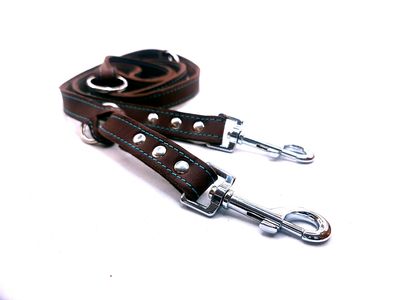 Leash large dog brown oiled leather leash with turquoise stitching adjustable