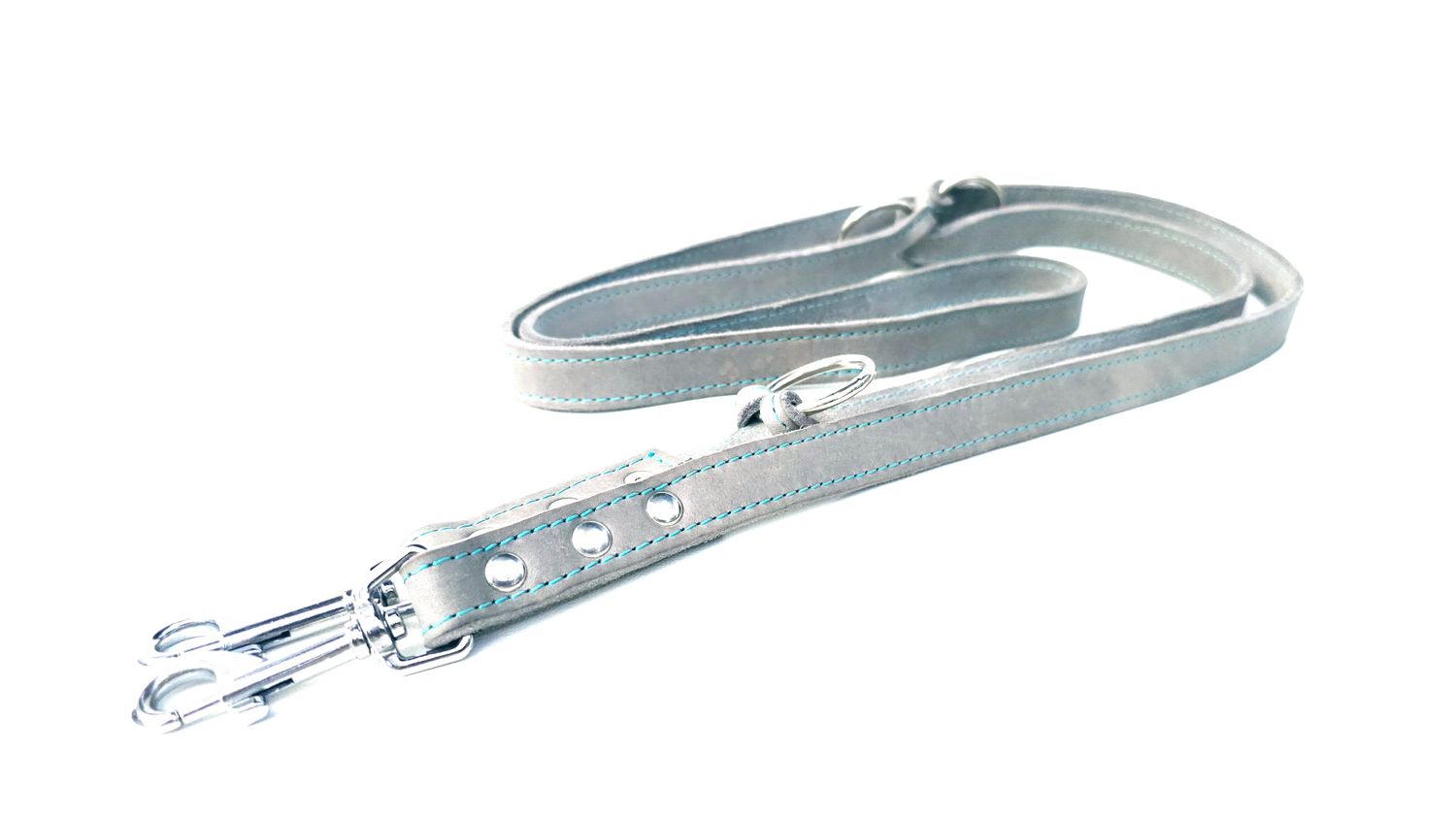 Leash large dog  gray oiled leather with turquoise stitching adjustable