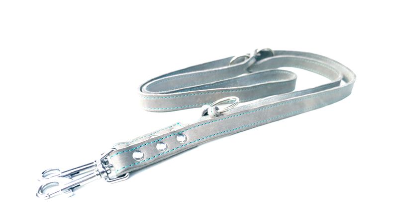 Leash large dog  gray oiled leather with turquoise stitching adjustable