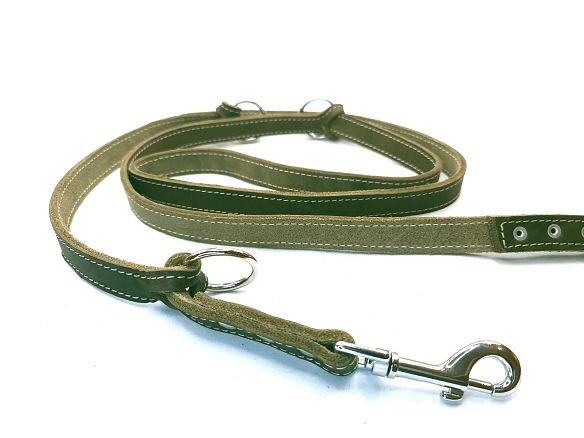 Leash large dog olive oiled leather with cream stitching adjustable