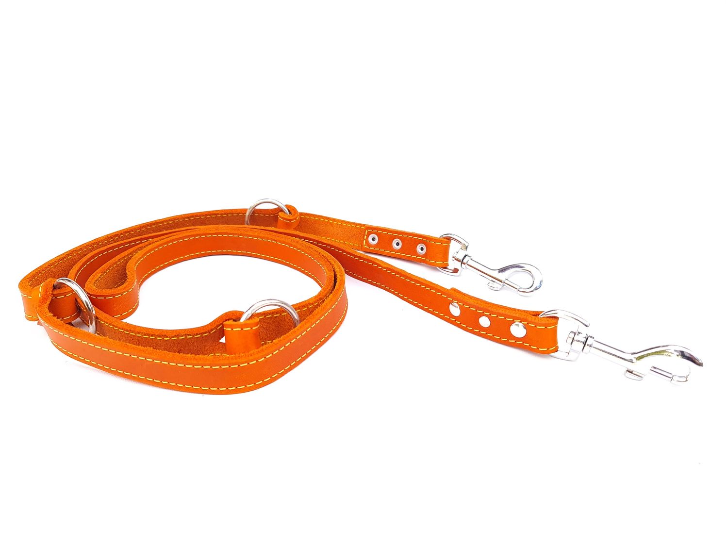 Leash large dog orange oiled leather with yellow stitching adjustable