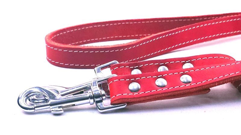 Leash large dog red oiled leather with cream stitching adjustable