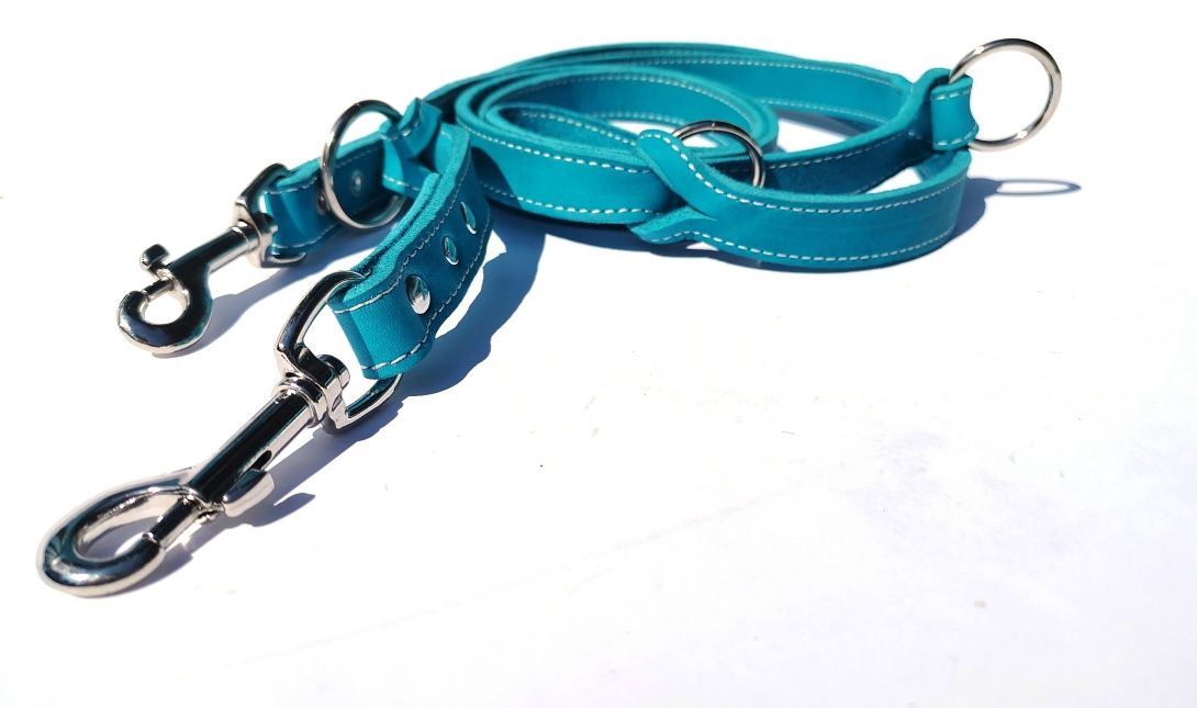 Leash large dog turquoise oiled leather with cream stitching adjustable
