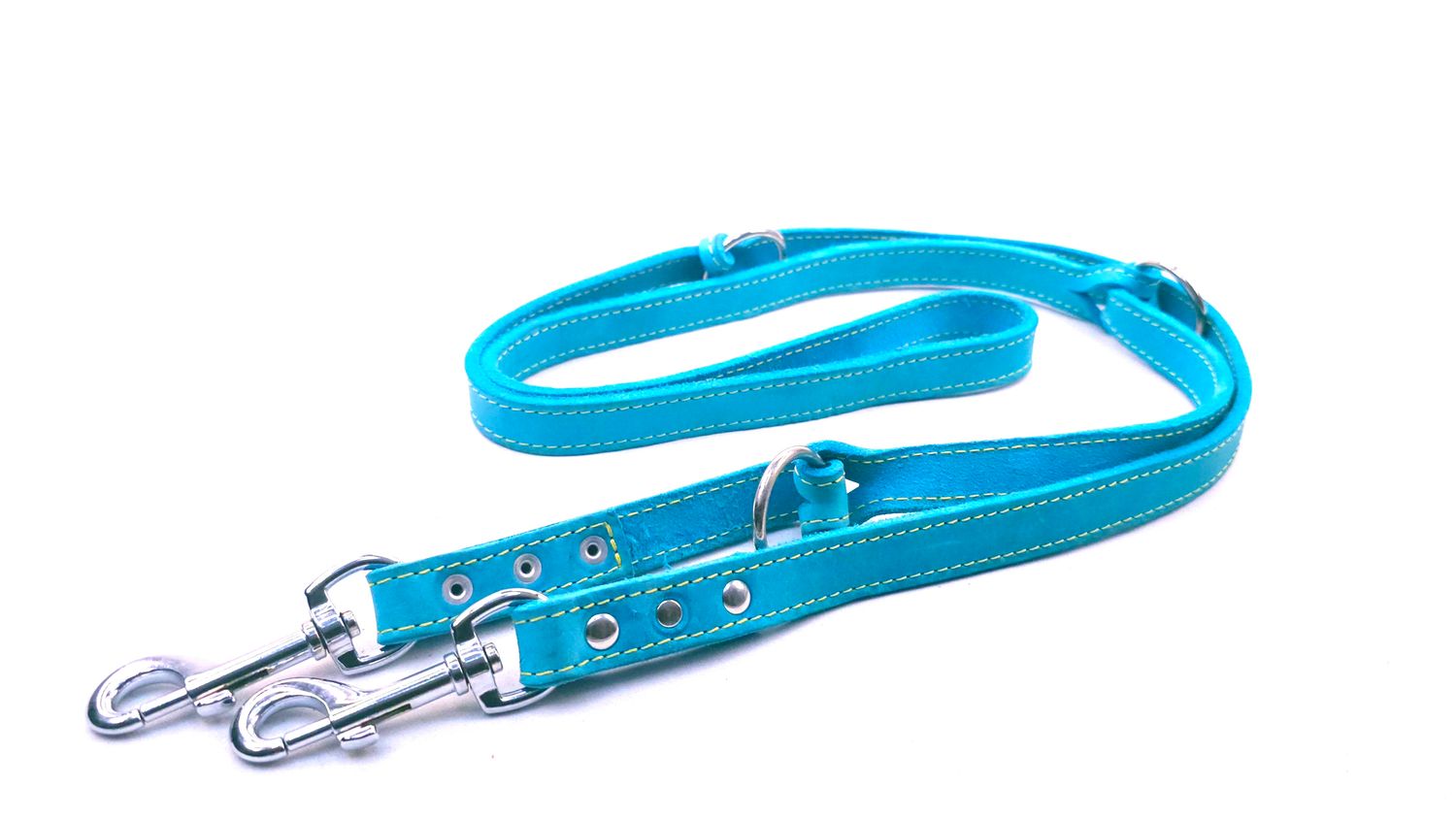 Leash large dog turquoise oiled leather with yellow stitching adjustable