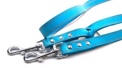 Leash large dog turquoise oiled leather with orange stitching adjustable