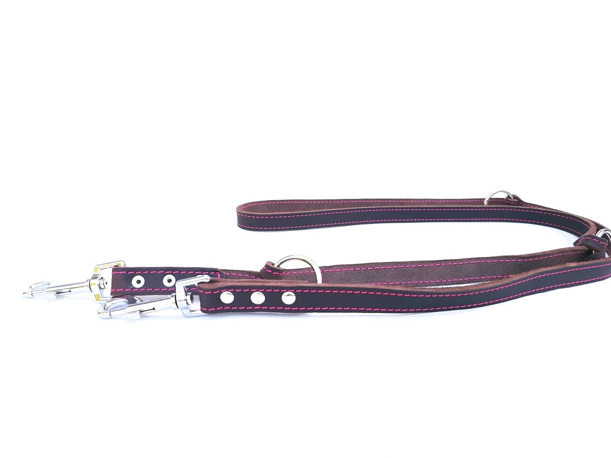 Leash large dog brown oiled leather leash with pink stitching, adjustable