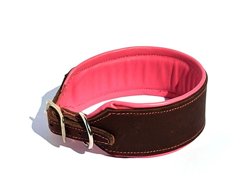 Greyhound leather collar, brown pink 4.5 cm wide
