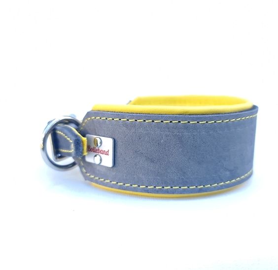 Greyhound leather collar, grey yellow 4.5 cm wide