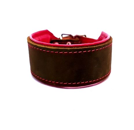 Greyhound leather collar, olive pink 4,5 cm wide