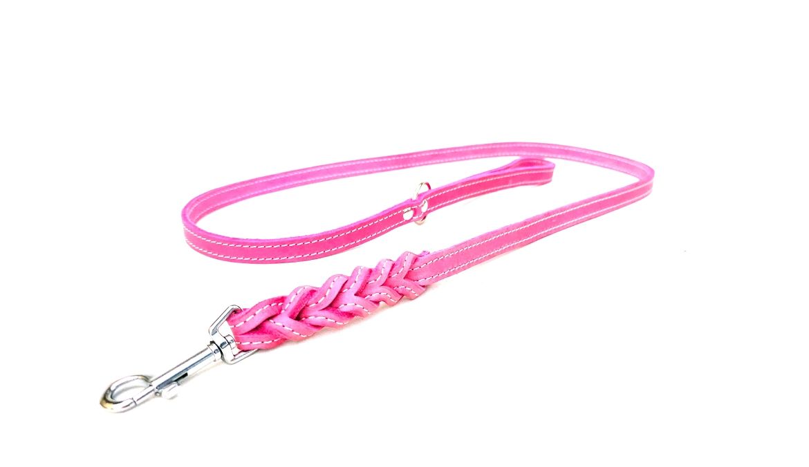 Kurze Hundeleine geflochten pink mit heller Naht