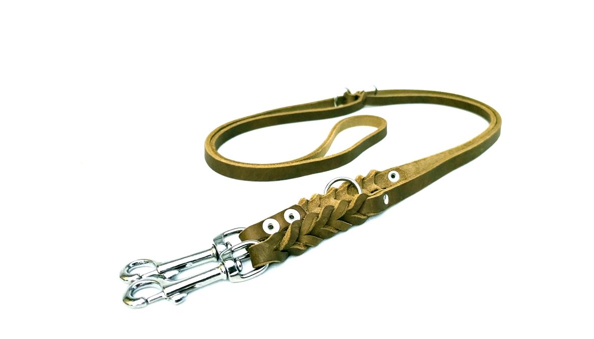 Leash oiled leather olive small dog braided adjustable