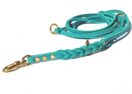 Leash oiled leather turquoise small dog braided adjustable