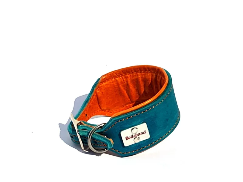 Windhundhalsband Leder gepolstert türkis orange 4,5 cm breit Windhundhalsband Leder gepolstert türkis orange 4,5 cm breit