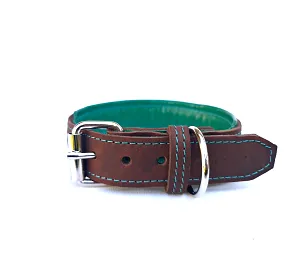 Padded Leather Collar Brown-turquoise 3.5 cm wide