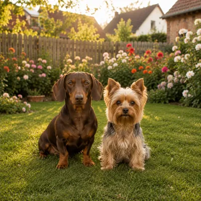 A Dachshund and a Yorkshire Terrier sitting side by side in a garden.