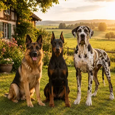 A German Shepherd, a Dobermann and a Great Dane sitting together in a garden.