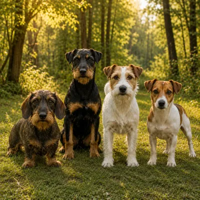 A Wire-Haired Dachshund, a German Hunting Terrier, a Jack Russell Terrier and a Parson Russell Terrier standing together in a