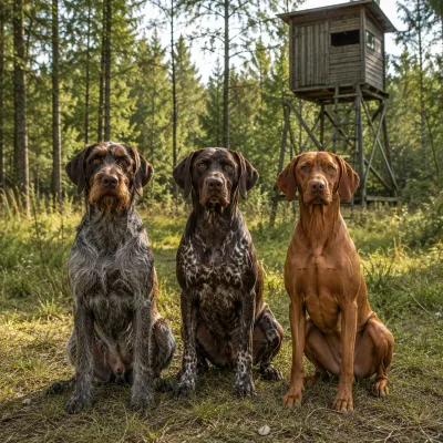A German Wirehaired Pointer, a German Shorthaired Pointer and a Magyar Vizsla sitting in front of a hunting stand in a forest
