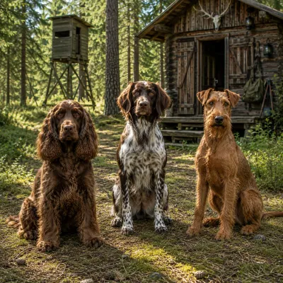 A Cocker Spaniel, a Small Münsterländer and an Irish Terrier sitting together in front of a rustic hunting lodge surrounded b