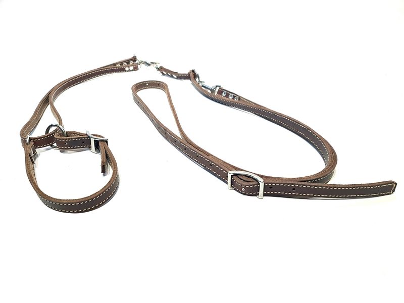 Brown leather slip‑lead (1.5 cm wide) with light‑tone stitching