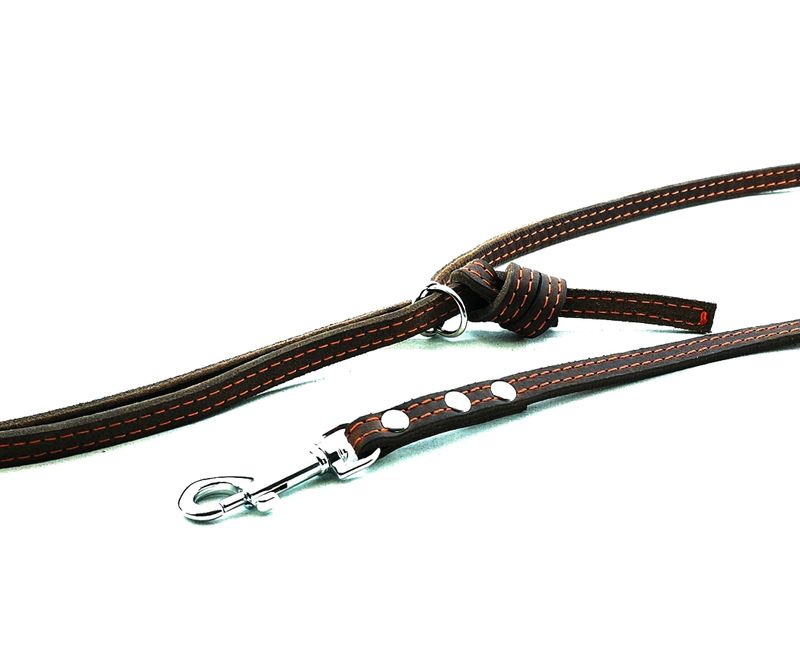 Shoulder leash in brown oiled leather, 1 cm wide, with orange stitching