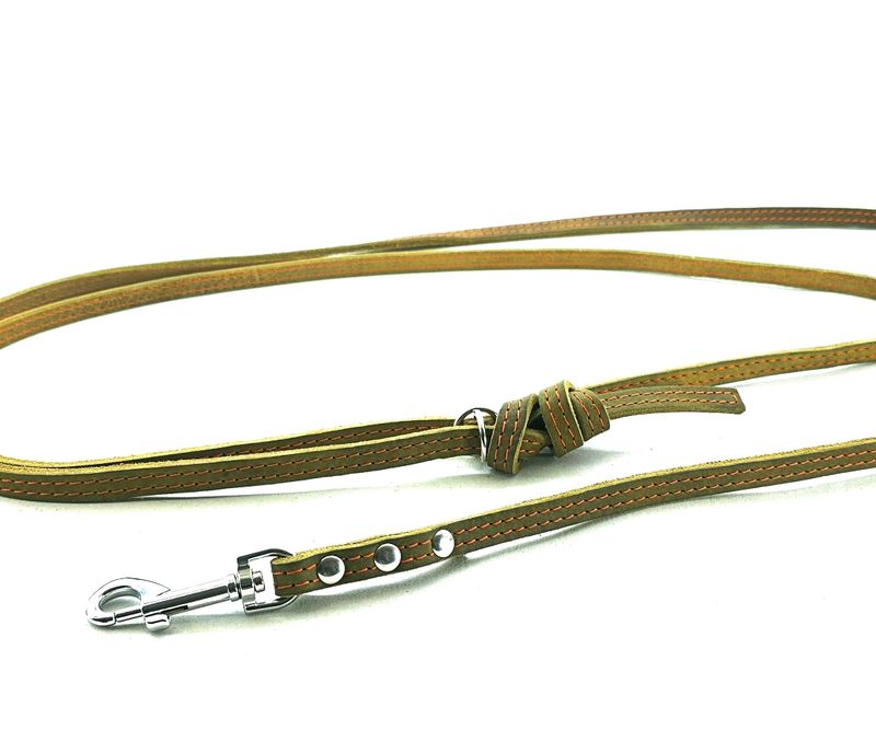Shoulder leash in olive oiled leather, 1 cm wide, with orange stitching