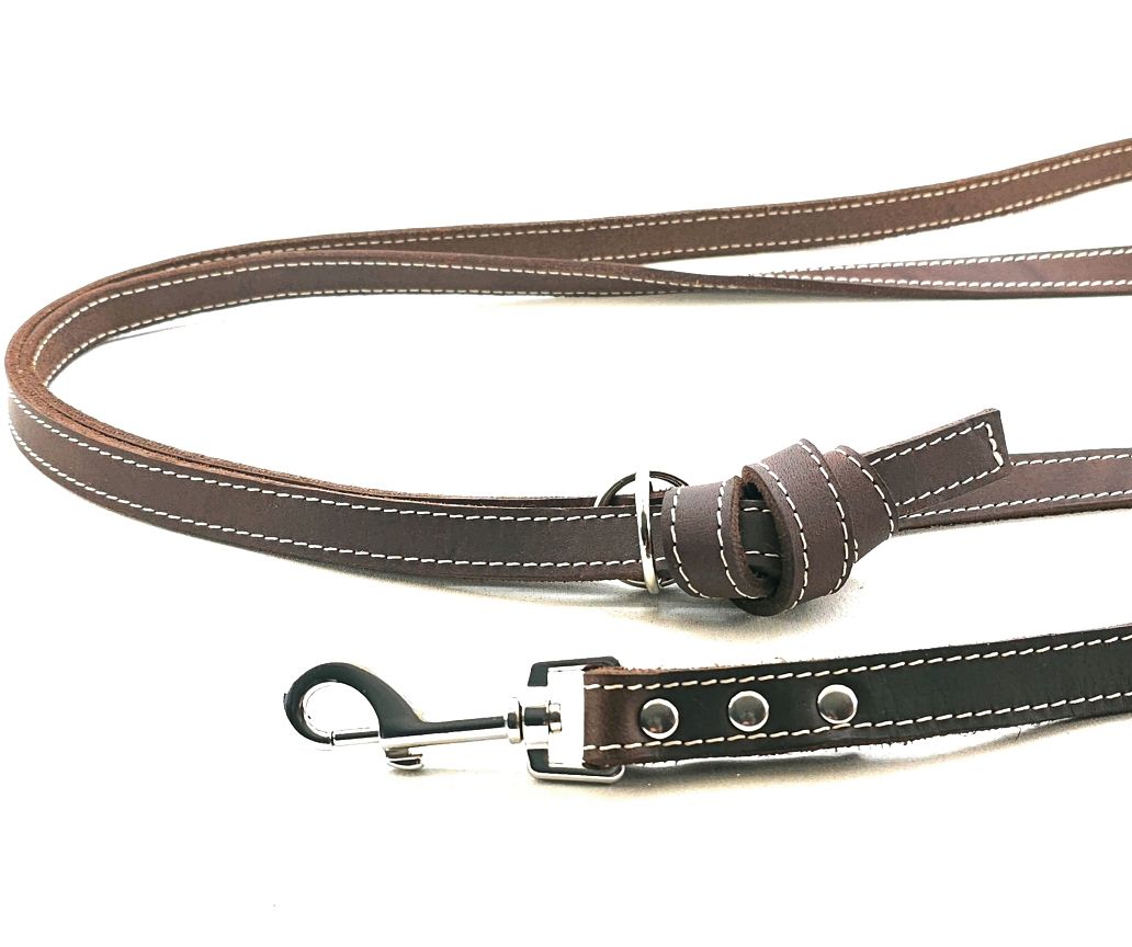 Brown leather shoulder leash with cream stitching, infinitely adjustable