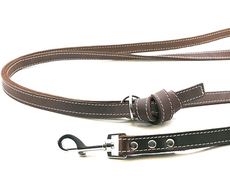 Brown leather shoulder leash with cream stitching, infinitely adjustable